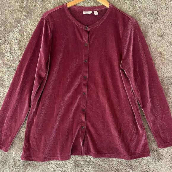 Logo Layers Lori Goldstein Metallic Mesh Cardigan Mulled Wine L Large - Picture 1 of 12